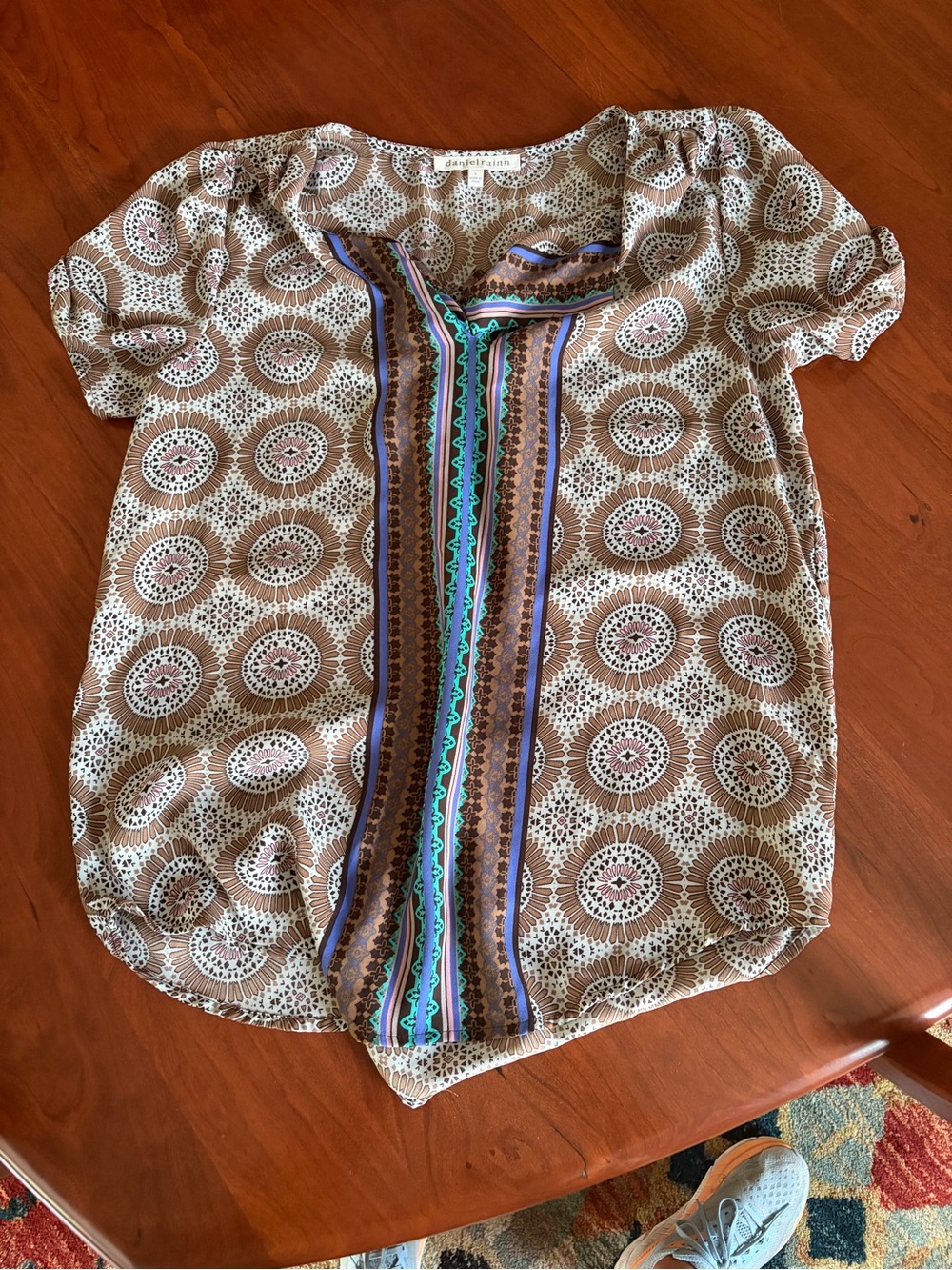 Daniel Rainn Beige Blouse with Multicolor Center Stripe